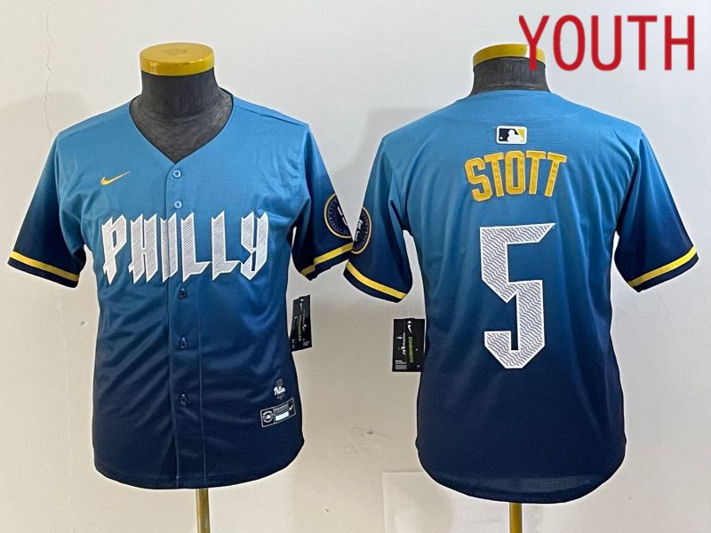 Youth Philadelphia Phillies #5 Stott Blue City Edition Nike 2024 MLB Jersey style 1